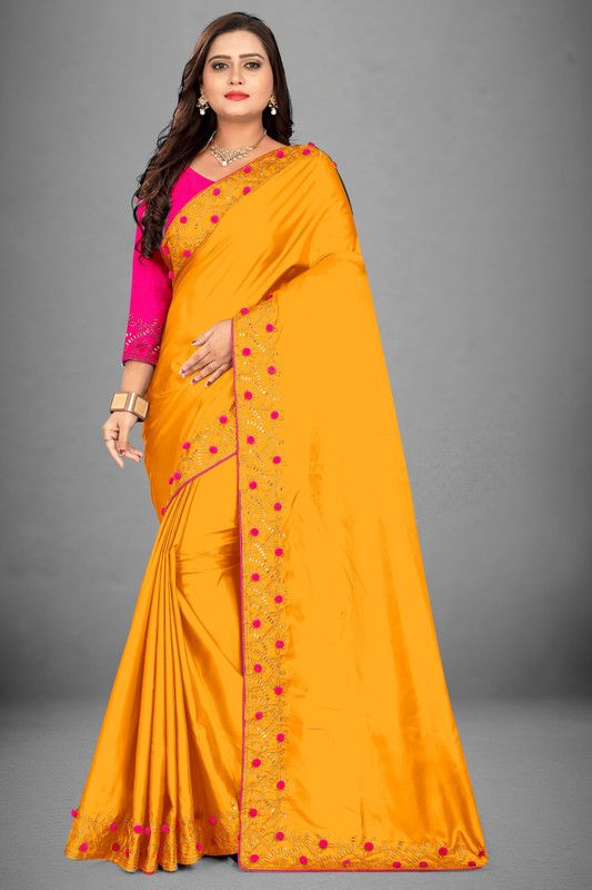 Self Design, Embroidered, Embellished Bollywood Satin Saree  (Mustard)
