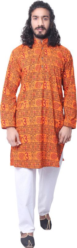 Men Printed Cotton Blend Straight Kurta  (Red, Black, Orange)