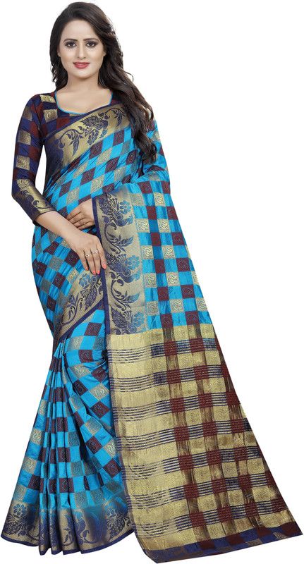 Checkered Patola Cotton Silk Saree  (Blue)