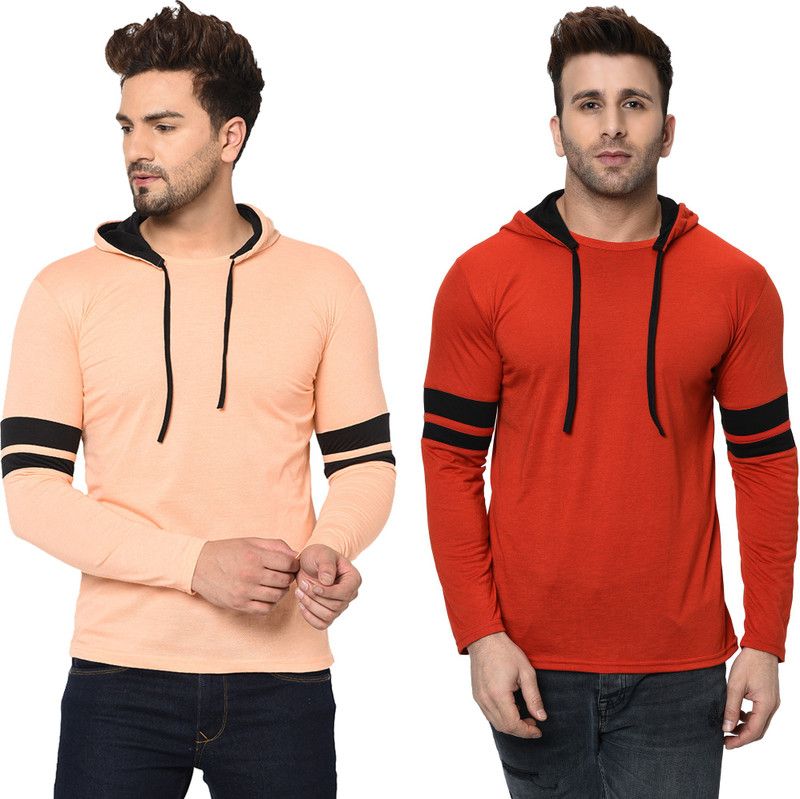 Pack of 2 Hooded T-Shirt Men Striped Hooded Neck Cotton Blend Red, Orange T-Shirt
