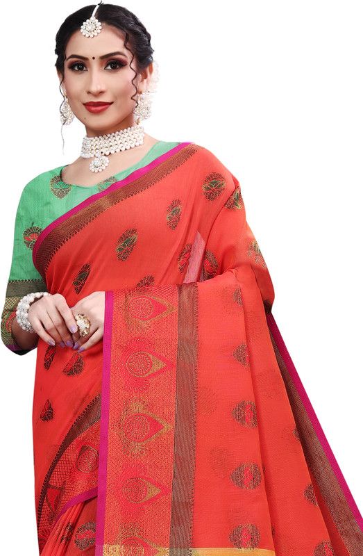 Self Design Gadwal Cotton Silk Saree  (Red)