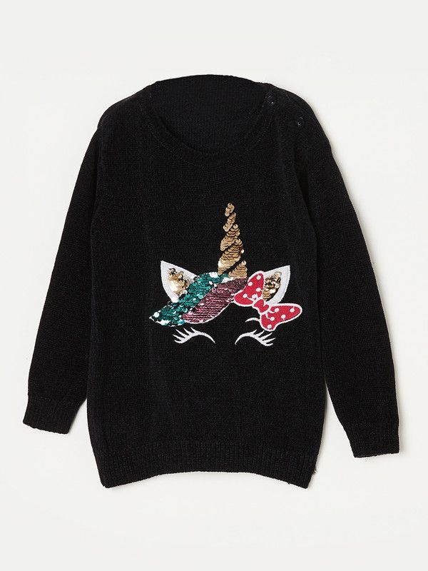 Baby Girls Striped Round Neck Black Sweater