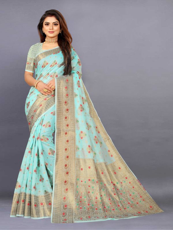 Banarasi Jacquard Saree  (Light Blue, Gold)