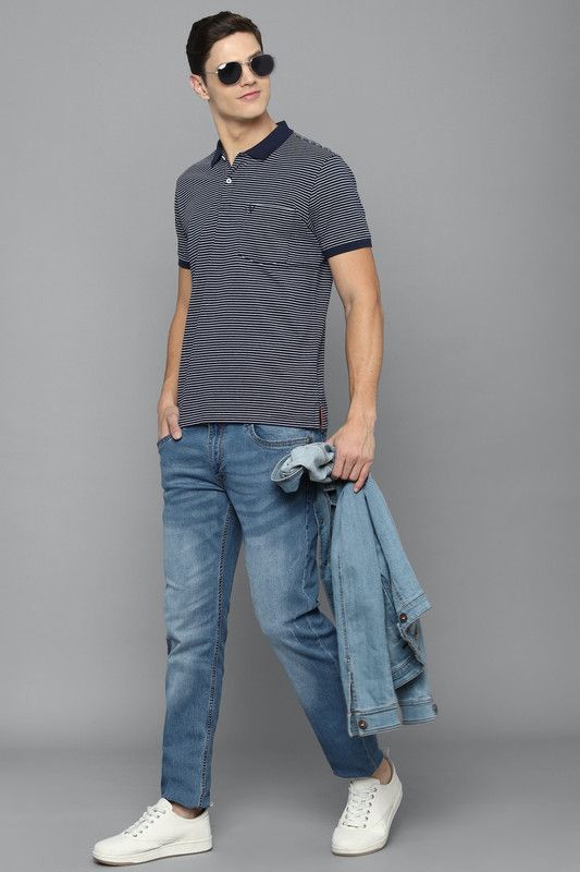 Men Striped Polo Neck Pure Cotton Dark Blue T-Shirt