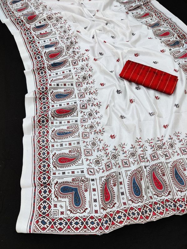 Gadwal Cotton Blend Saree  (White)