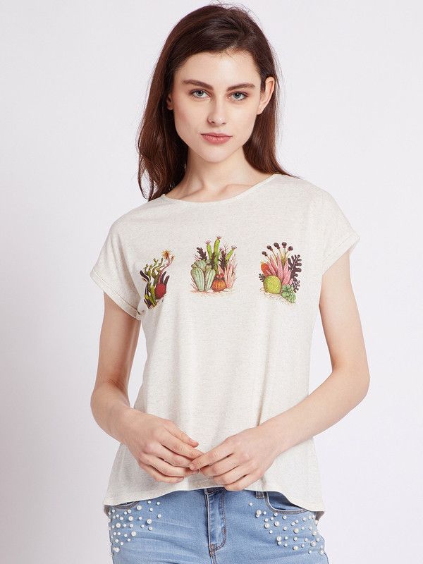 Women Graphic Print Round Neck Poly Cotton White T-Shirt
