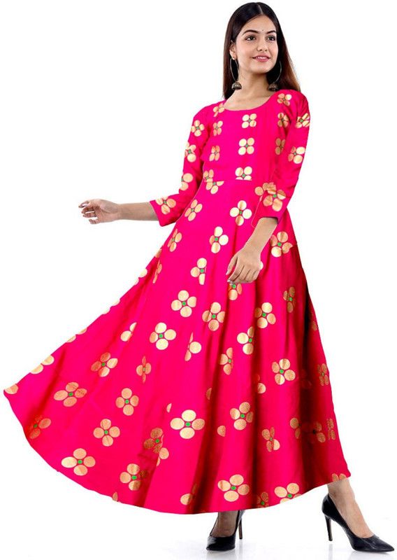 Printed Rayon Blend Stitched Anarkali Gown  (Pink, Gold)