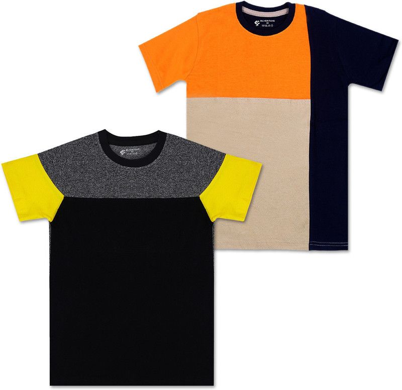 Boys & Girls Colorblock Cotton Blend T Shirt  (Orange, Pack of 2)