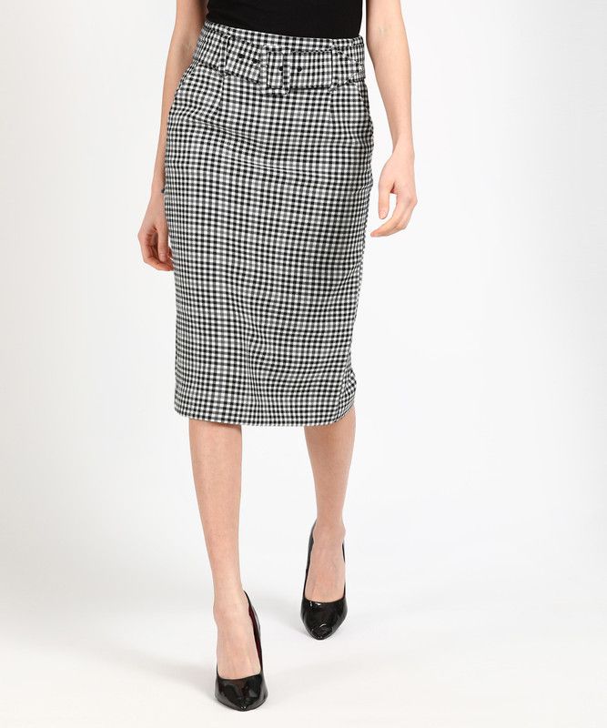 Women Checkered Pencil Black, White Skirt