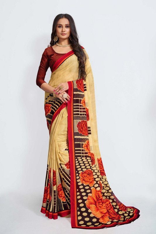 Daily Wear Georgette Saree  (Cream, Red)