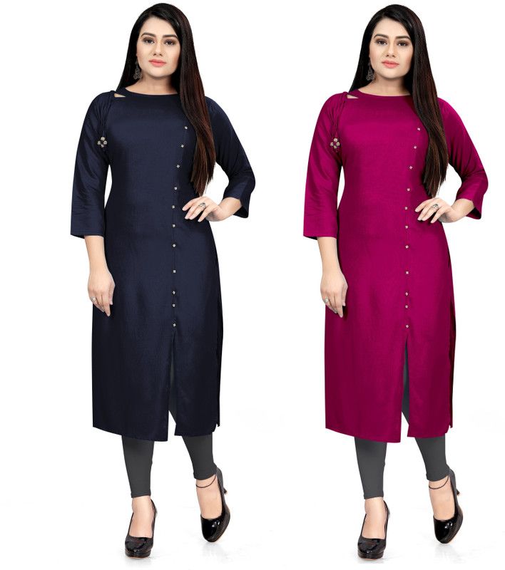 Pack of 2 Women Solid Viscose Rayon Flared Kurta  (Blue, Pink)
