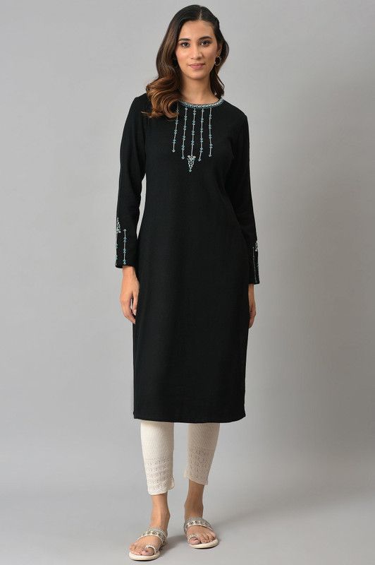 Women Embroidered Acrylic Blend Straight Kurta  (Black)