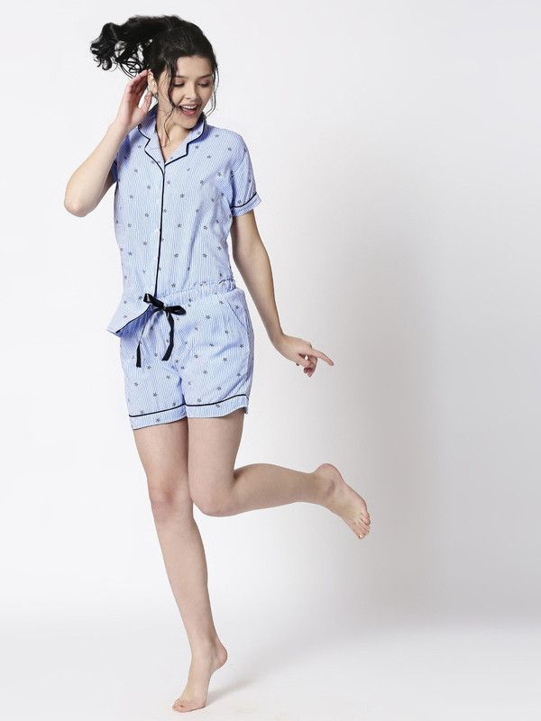Women Night Suit Set Blue Striped