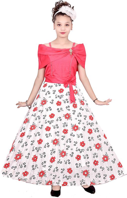Girls Maxi/Full Length Party Dress  (Red, Half Sleeve)