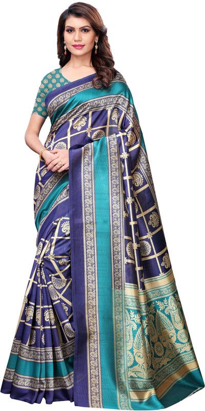 Printed Mysore Silk Blend, Art Silk Saree  (Dark Blue, Green)