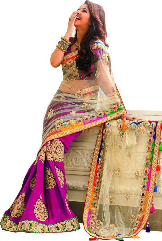 Embroidered Bollywood Handloom Cotton Blend Saree  (Purple, White)