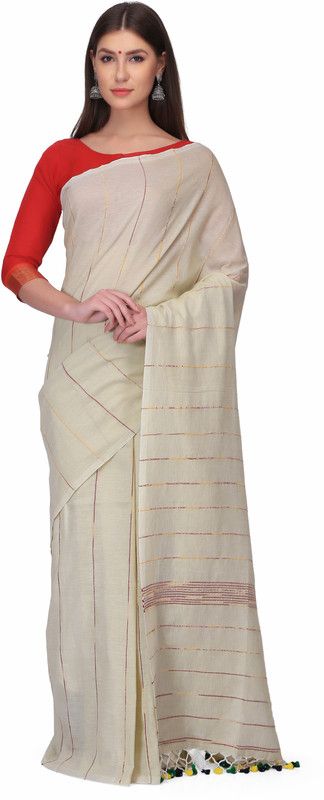 Self Design Handloom Cotton Blend Saree  (Beige)