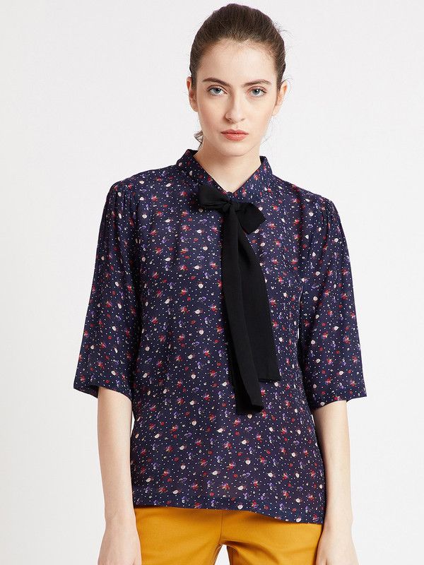 Casual Regular Sleeves Printed, Floral Print Women Dark Blue Top