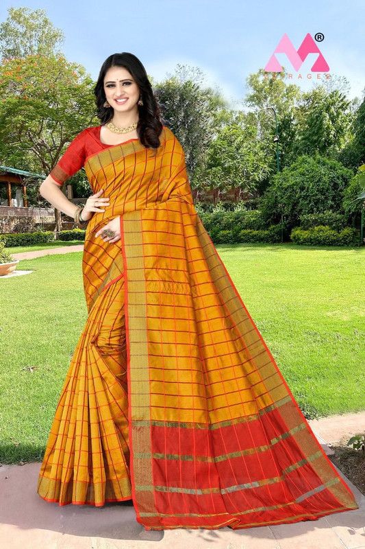 Banarasi Cotton Silk Saree  (Yellow, Red)