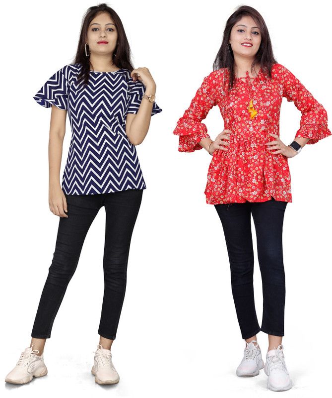 Pack of 2 Formal Flared Sleeves Floral Print Women Red Top