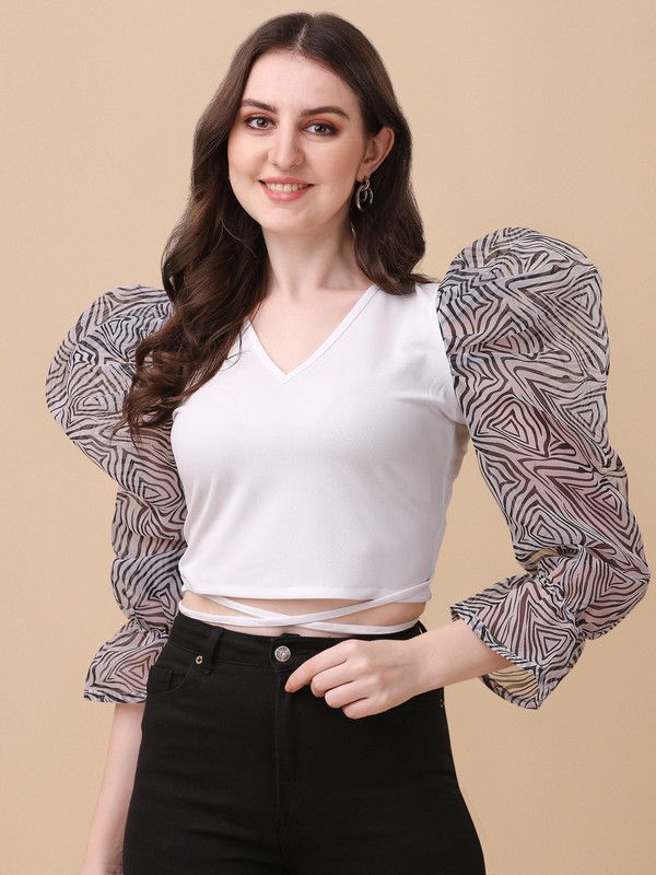 Casual Puff Sleeves Solid Women White Top