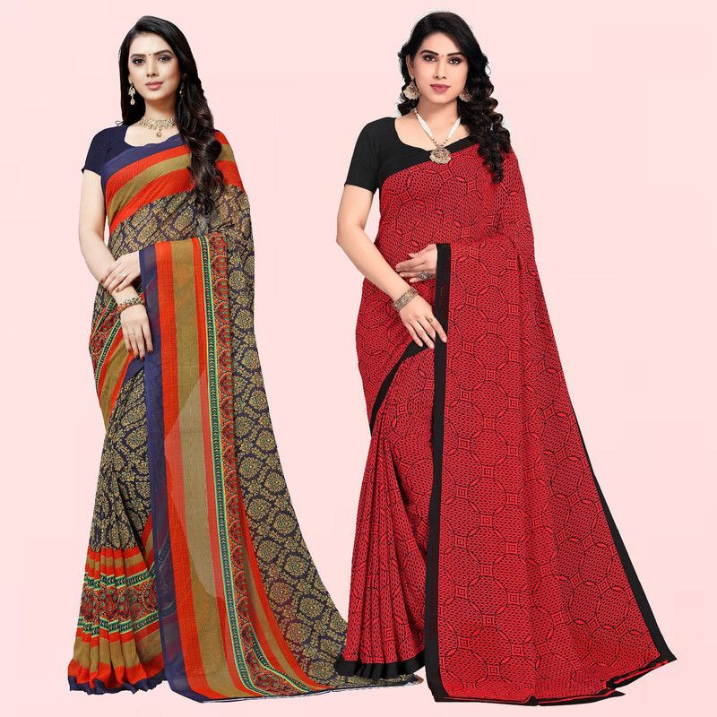 Printed Daily Wear Georgette Saree  (Pack of 2, Red, Blue, Orange)