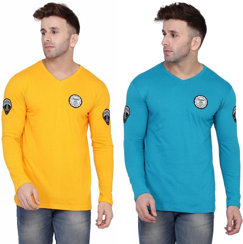Pack of 2 Faizaan Men Solid V Neck Cotton Blend Yellow, Light Green T-Shirt