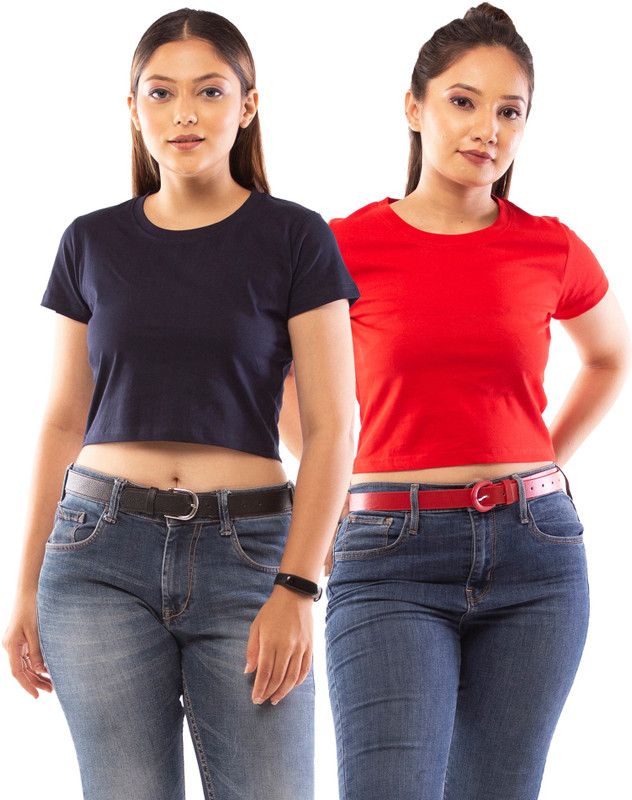 Pack of 2 Casual Regular Sleeves Solid Women Red, Blue Top