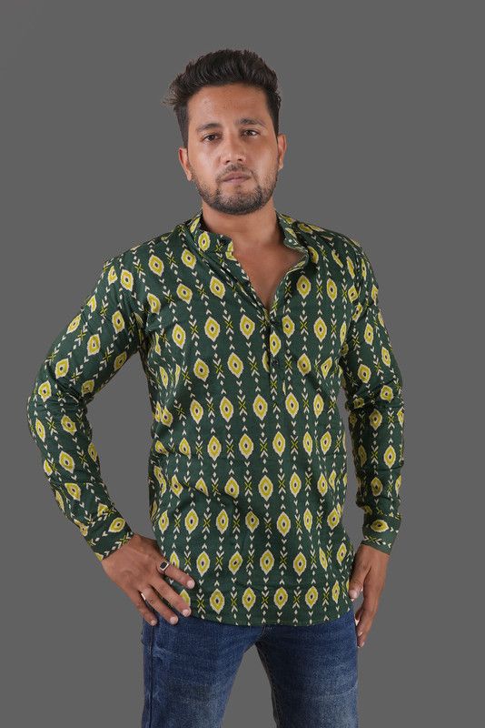 Men Printed Cotton Silk Straight Kurta  (Green)