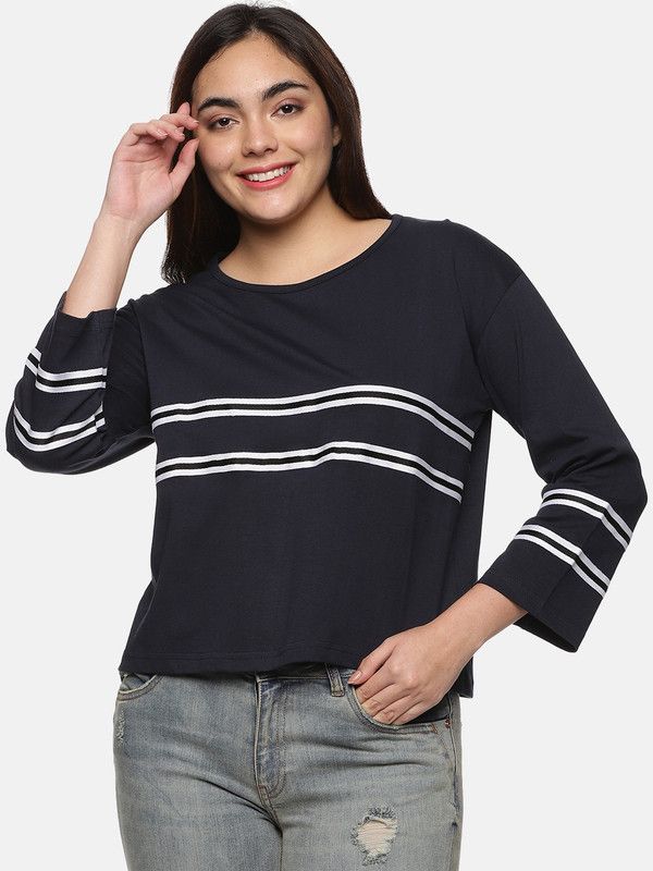 Women Solid Round Neck Pure Cotton Navy Blue T-Shirt