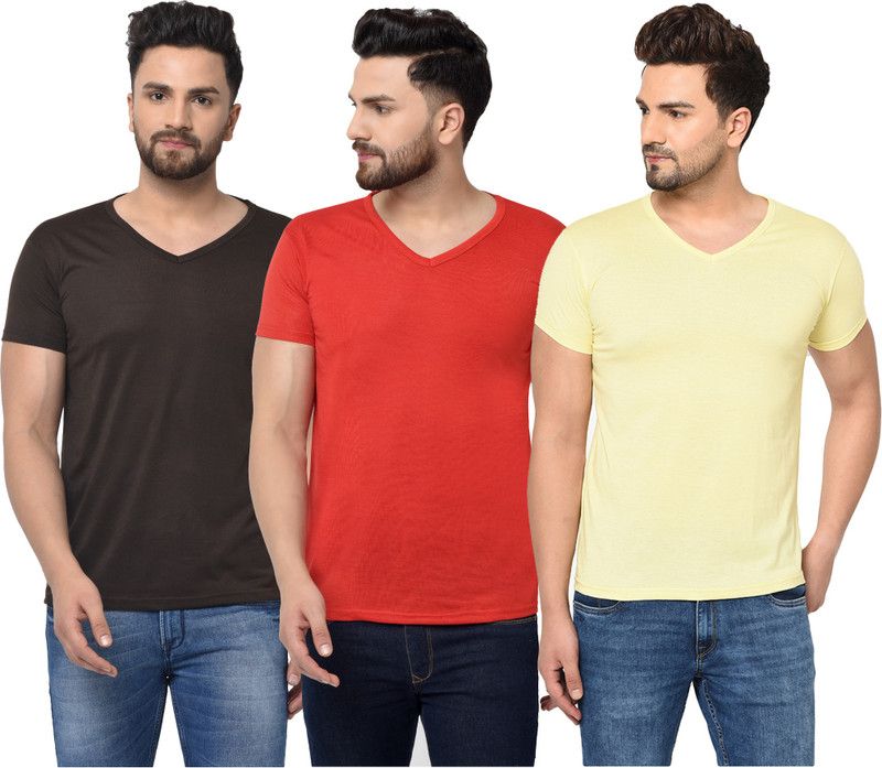Pack of 3 V neck Combo T-shirts Men Solid V Neck Cotton Blend Red, Black, Yellow T-Shirt