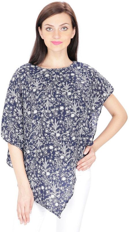 Party Regular Sleeves Printed Women Dark Blue Top