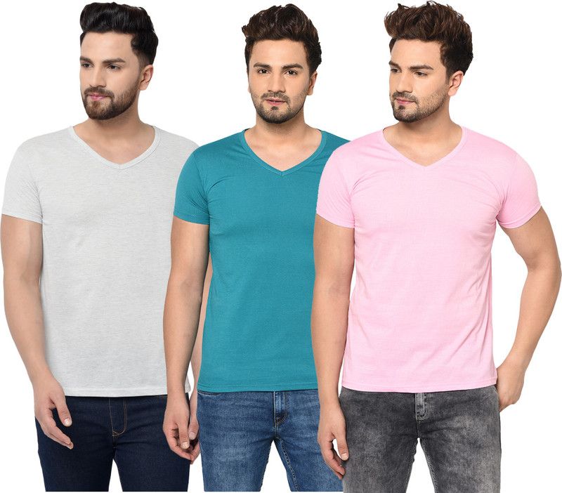 Pack of 3 V neck Combo T-shirts Multicolor Men Solid V Neck Cotton Blend Light Blue, Pink, Grey T-Shirt