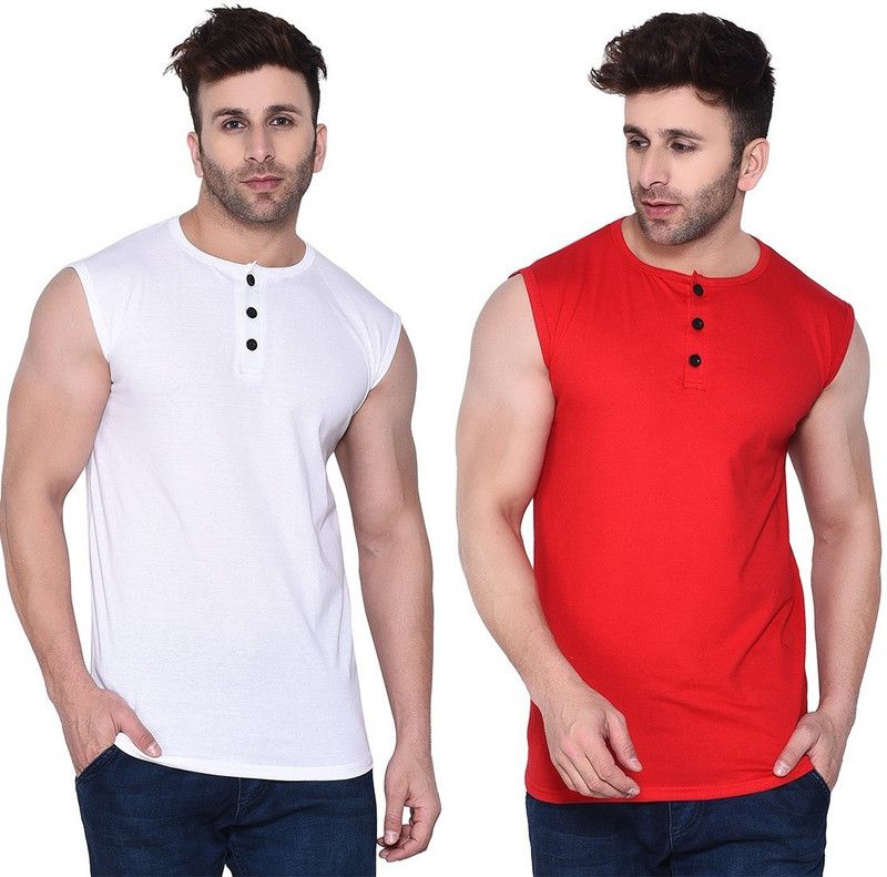 Pack of 2 Faizaan Men Solid Round Neck Cotton Blend Red, White T-Shirt