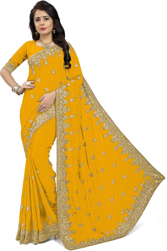 Embellished, Embroidered Fashion Georgette Saree  (Yellow)
