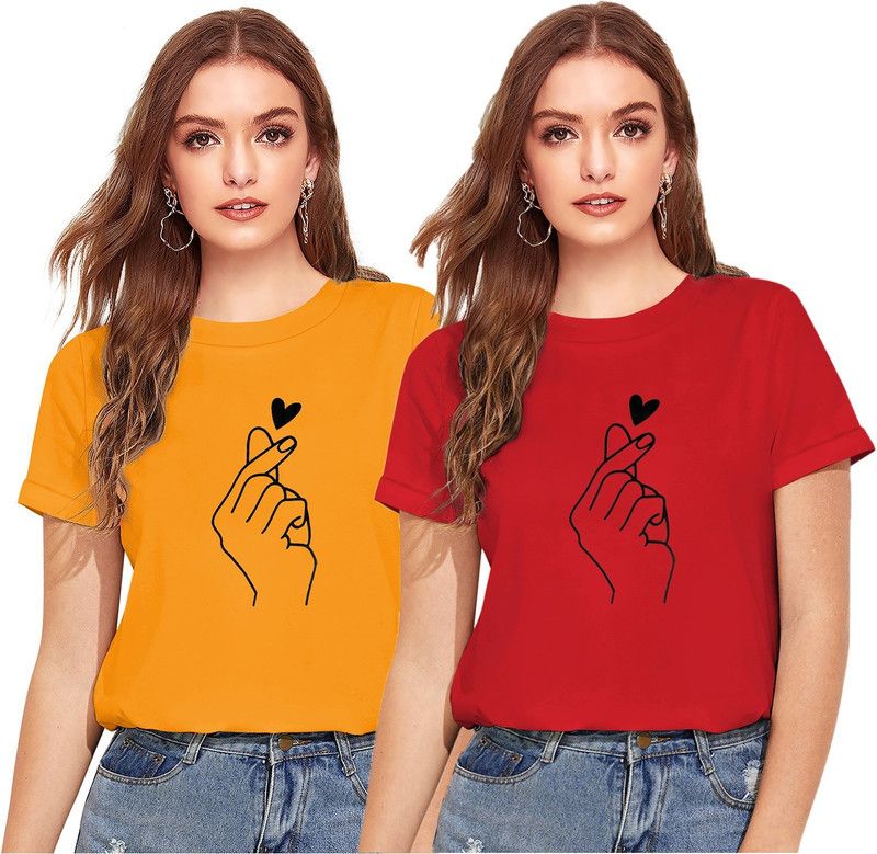 Pack of 2 Casual Regular Sleeves Printed Women Red, Yellow Top