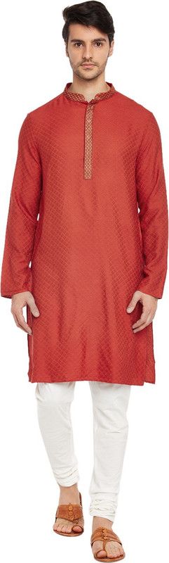 Men Embroidered Cotton Blend Straight Kurta  (Red)