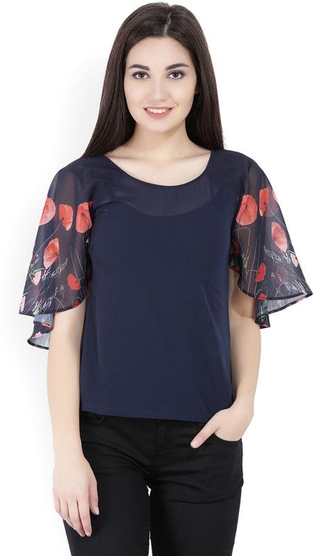 Casual Kimono Sleeves Floral Print Women Dark Blue Top