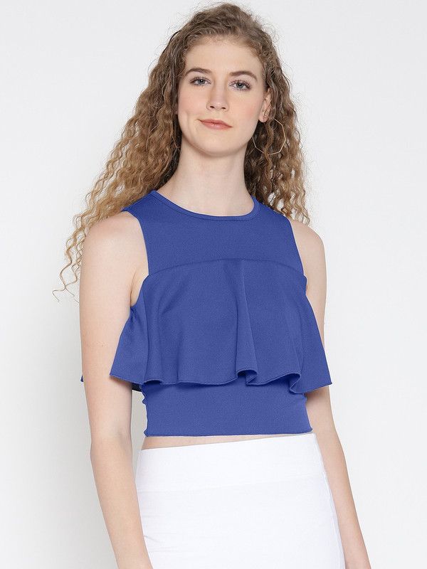 Casual Sleeveless Self Design, Printed, Solid Women Dark Blue, Blue Top