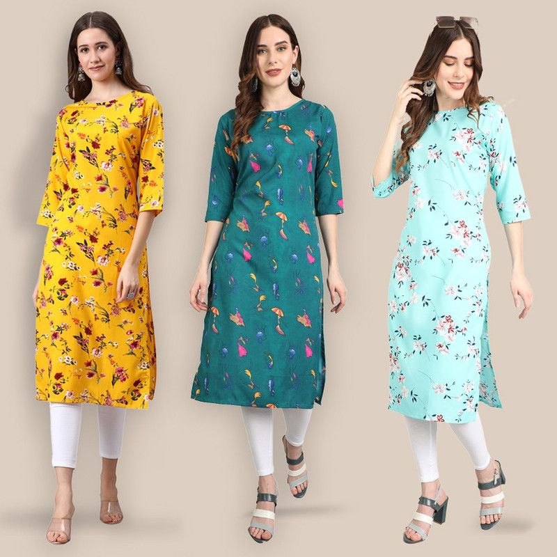 Pack of 3 Women Floral Print Crepe A-line Kurta  (Dark Blue)