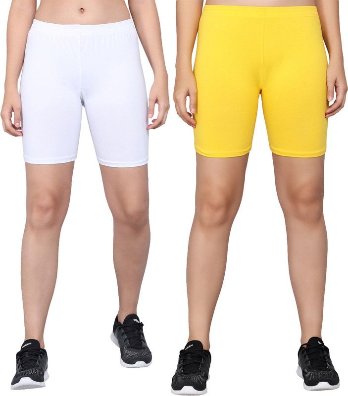 Pack of 2 Solid Women White, Yellow Cycling Shorts