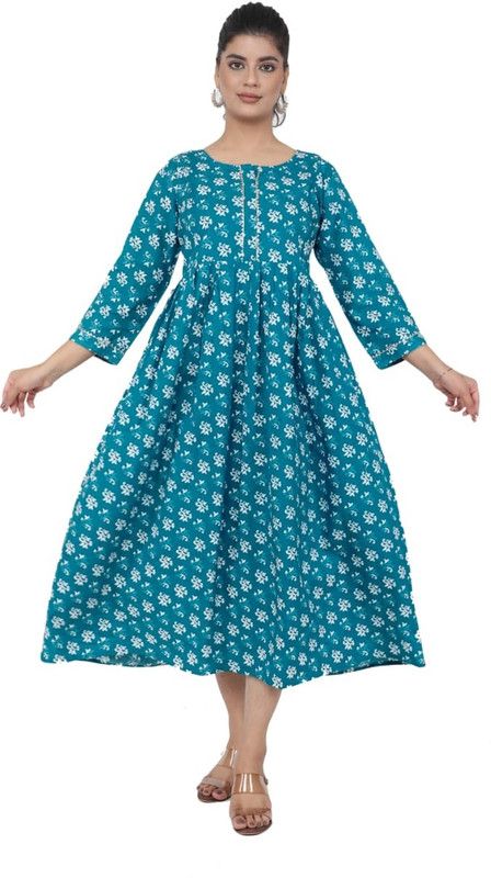 Women Block Print Cotton Rayon Gown Kurta  (Light Blue)