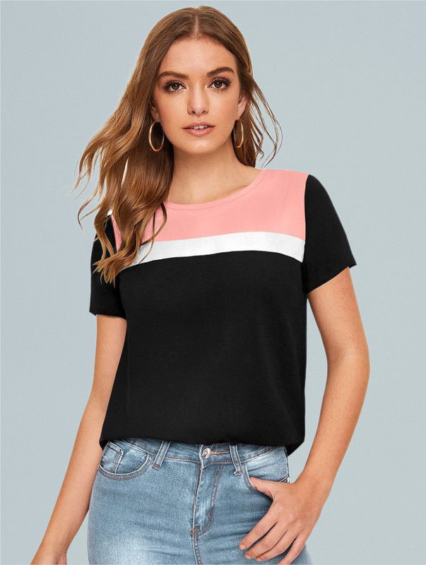 Casual Color Block Women Black, Pink Top