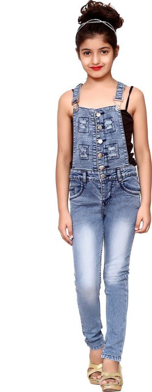 Dungaree For Girls Casual Self Design Denim  (Dark Blue, Pack of 1)