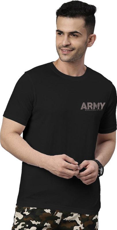 Men Typography Round Neck Reversible Cotton Blend Black T-Shirt