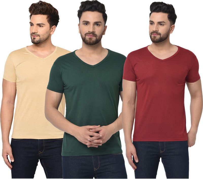 Pack of 3 V neck Combo T-shirts Multicolor Men Solid V Neck Cotton Blend Dark Green, Maroon, Beige T-Shirt