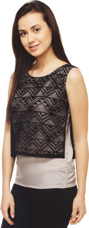Party Sleeveless Self Design Women Grey Top