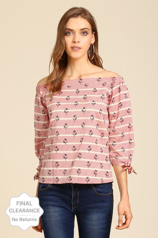 Casual Regular Sleeves Striped, Floral Print Women Pink Top