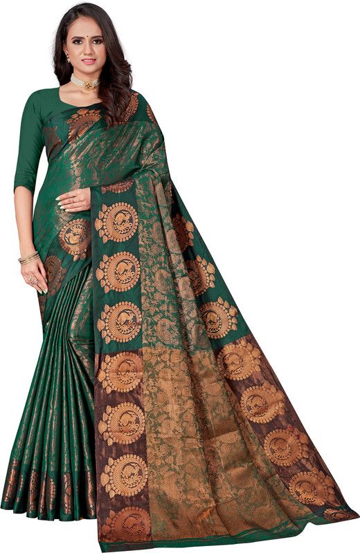 Printed Kanjivaram Silk Blend Saree  (Green)