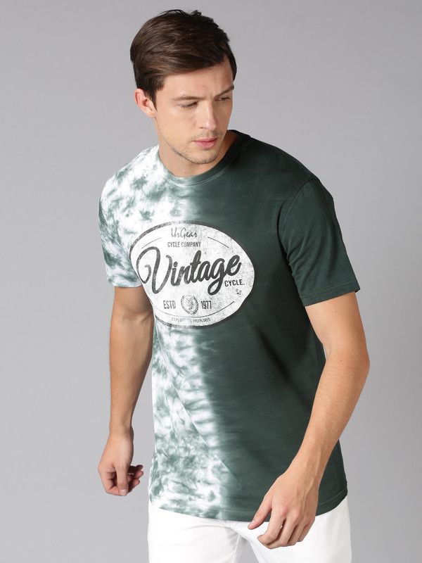 Men Tie & Dye, Typography Round Neck Pure Cotton Green T-Shirt